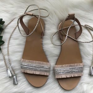 J. Crew Fringe Flat Sandals Ankle Wrap Tie Sz 10